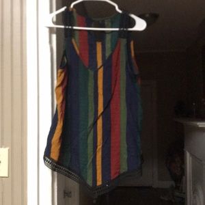 Striped sleeveless shirt with black lace trim